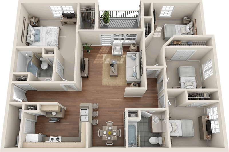Floor plan for 4 beds, 2 baths, 1260 sqft